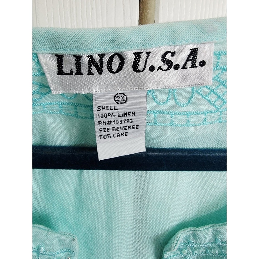 Lino USA 2X Light Blue 100% Linen Tunic Top Bejeweled Sequin Beaded Embroidered‎ - Picture 6 of 7